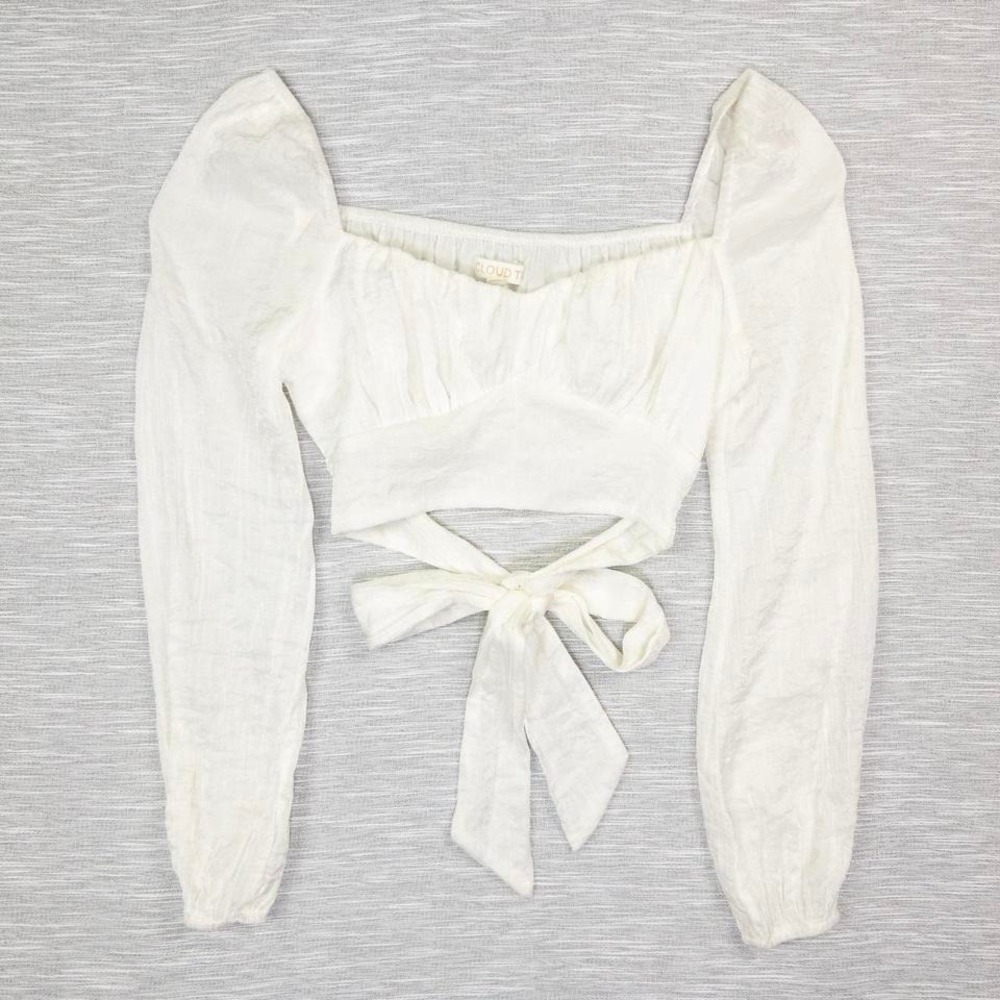 Cloud Ten Back Tie‎ Bow Crop Top Women's Small Long Sleeve White Ivory Shimmer
